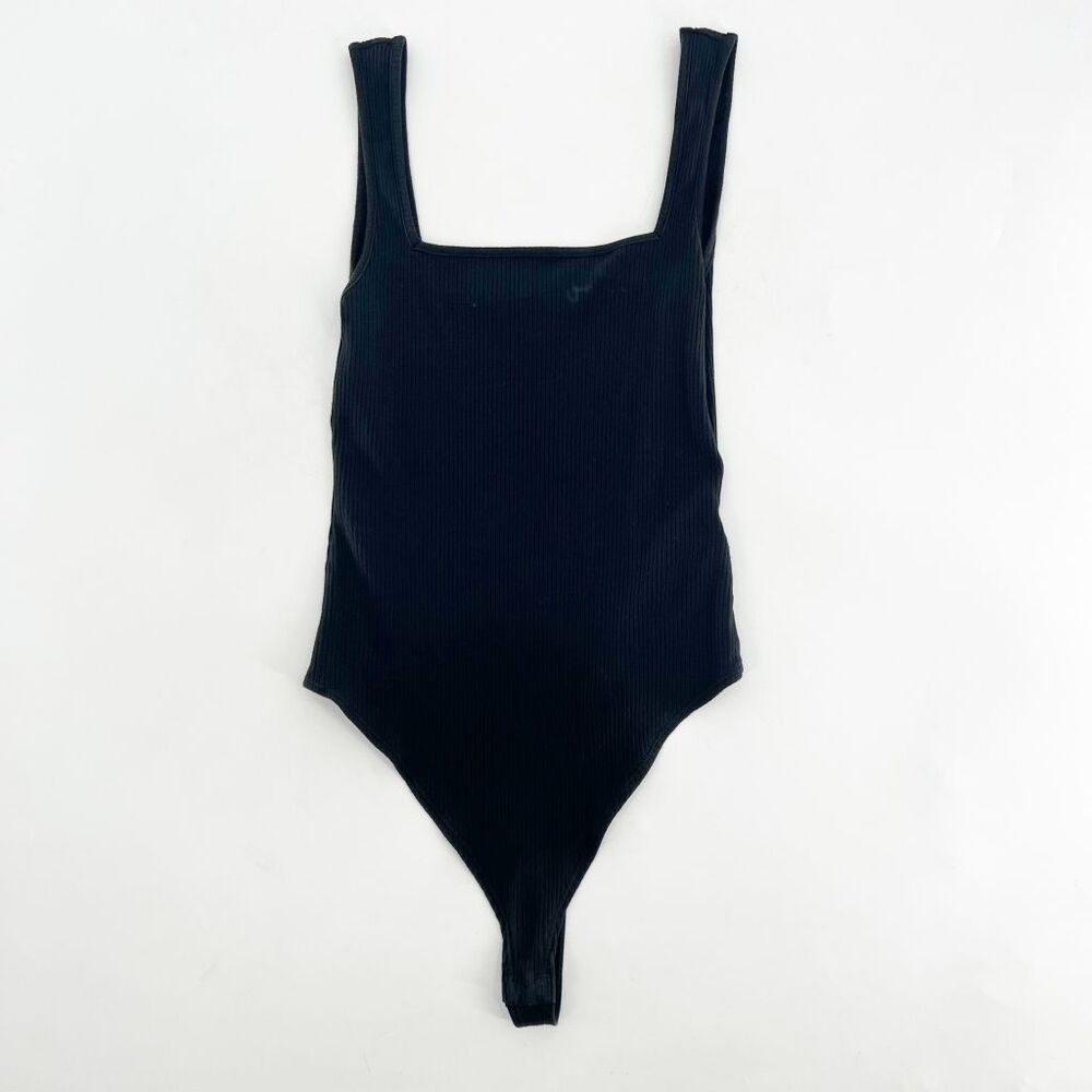 Topshop Ribbed Knit Bodysuit Top Womens Size 6 Black Square Neck Sleeveless Tank